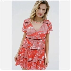 Urban Outfitters | Red & Silver Pippa Chiffon Tiered Floral Mini Dress Size XS